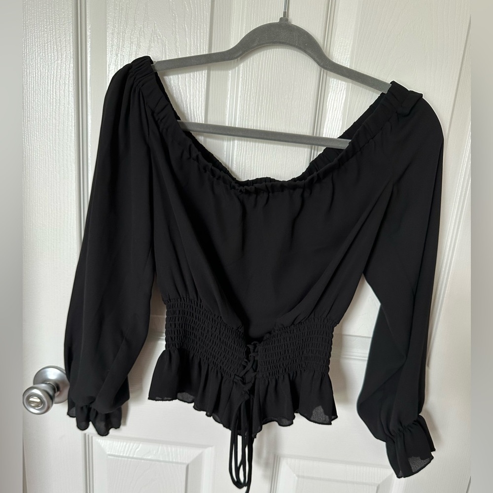 Ultra Flirt Black Ruched Ruffled Tie Front Blouse